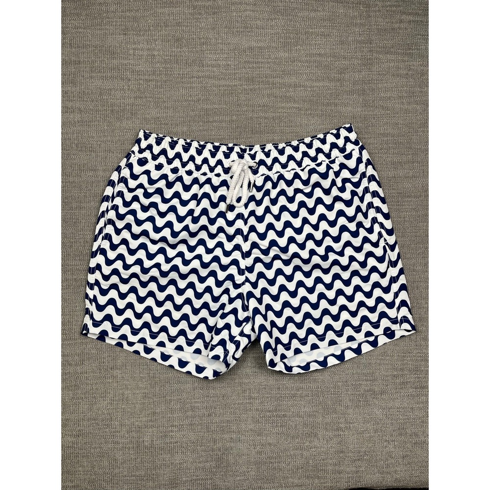 Frescobol Carioca Swim Shorts Mens Large White Blue Wave Stripe Trunks
